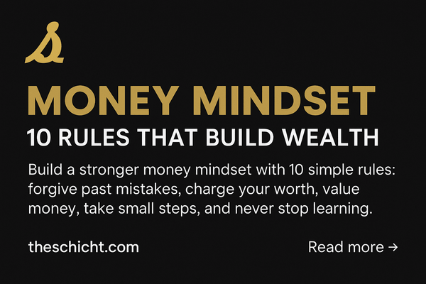 Infographic showing 10 rules to build a money making mindset: gratitude, self-belief, consistency, and smart investing.